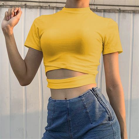 Women Sexy Bodycon Crop Top Female Short Sleeve Hollow Out Cropped T