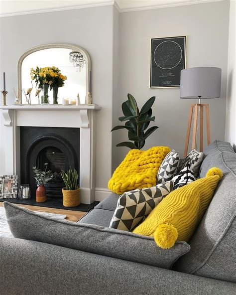 My Grey Yellow And White Living Room With Parquet Floor Grey Sofa