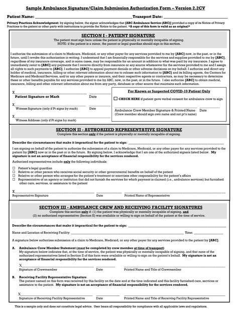 Sample Ambulance Signatureclaim Submission Authorization Form Version