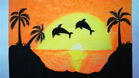 Dolphin Jumping Up From The Ocean At Sunset Oil Pastels Drawing Youtube