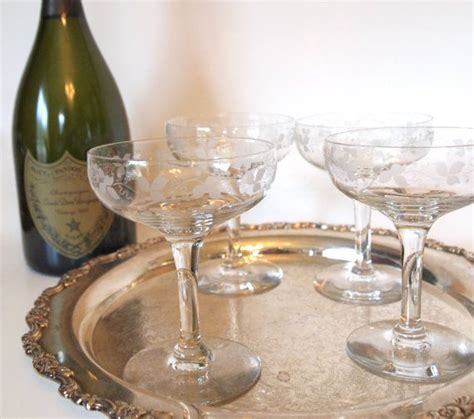 Vintage Etched Crystal Champagne Coupe Glasses Set Of 4 By
