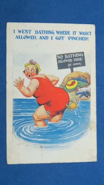 RISQUE COMIC POSTCARD CRAB Nipping Fat Lady Bathing Beauty Bottom PINCHED EUR