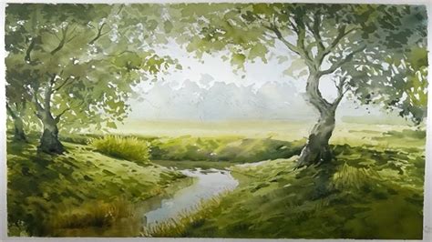 Watercolor Landscape Painting Peaceful Scenery Youtube