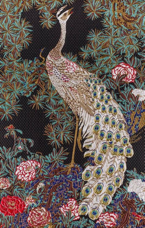 Uses include any upholstery project, sofas, chairs, dining chairs, pillows, certain types of window treatments, handbags and craft projects. Fantastic Fabric Tapestry Upholstered Panel Jakuchu Collection Peacock For Sale at 1stdibs