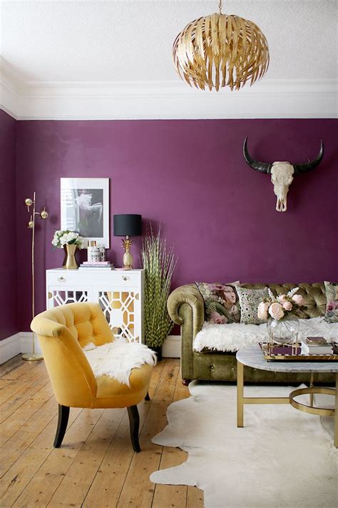 Boho Glam Plum Living Room With Green Velvet Chesterfield Purple