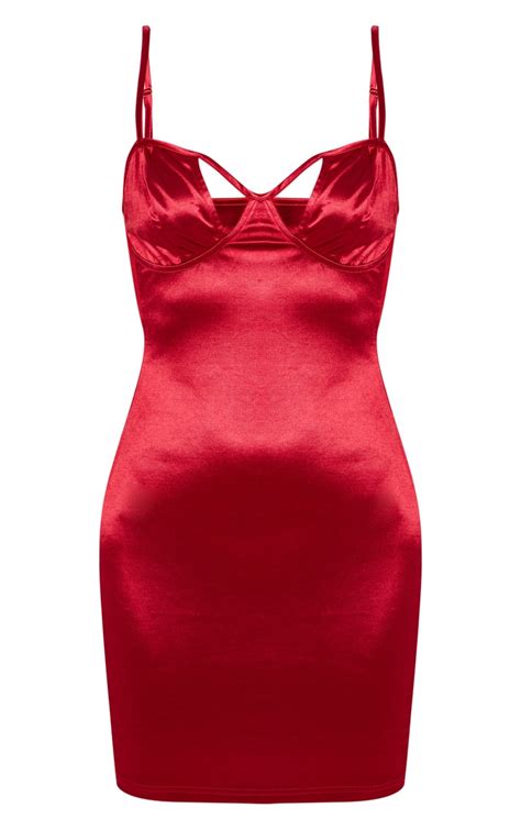 deep red satin mesh insert cup detail bodycon dress prettylittlething usa