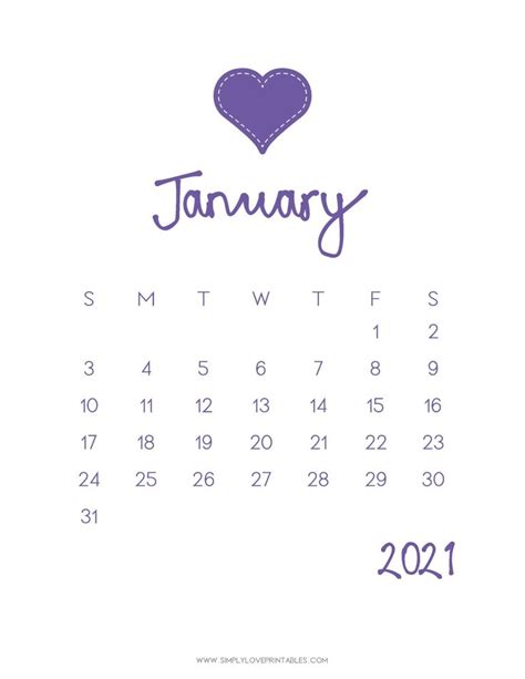 Simply Love Printables 2021 Purple Stitched Heart Monthly Calendarpage