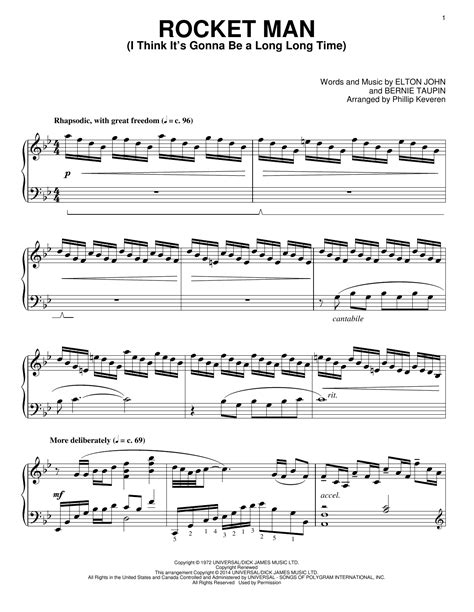 Learn more about the conductor of the song and piano chords/lyrics music notes score you can easily download and has been arranged for. Phillip Keveren: Rocket Man (I Think It's Gonna Be A Long Long Time) - Piano | Sheetmusicdirect.com