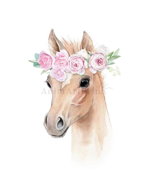 Horse With Flowers Watercolor Painting Print Horse Decor Etsy