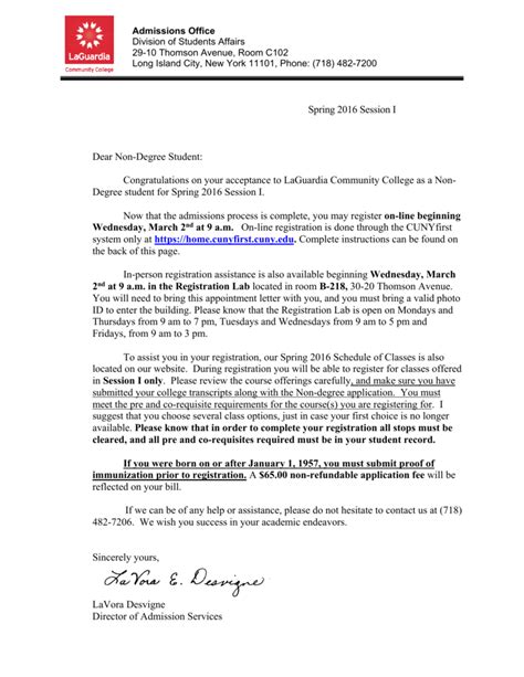Registration Letter Laguardia Community College