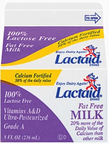 Lactaid 100 Lactose Free Fat Free Calcium Fortified Milk 8 Oz