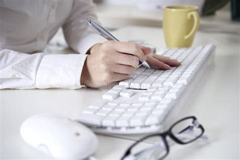Writing On A White Computer Keyboard Stock Image Image Of Finger