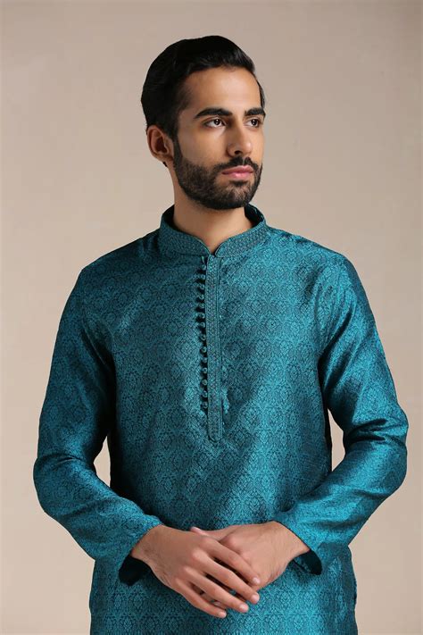 buy peacock blue jacquard patterned kurta set online in india manyavar kurta pajama for men