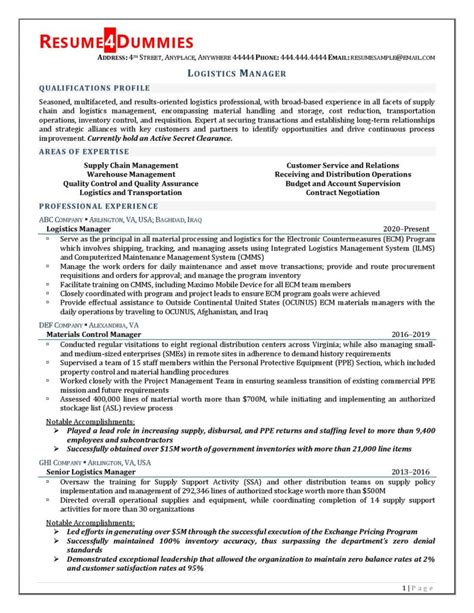 Logistics Manager Resume Examples01 Resume4dummies