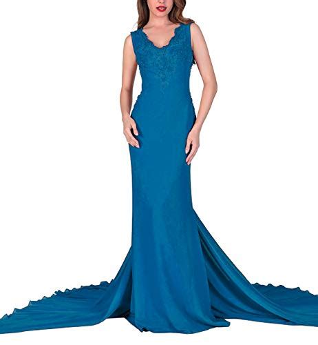 hidress women s v neck chiffon prom party dress beaded trail formal evening gowns bq028 size 20 teal