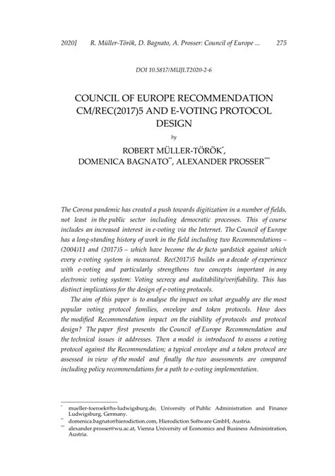 Pdf Council Of Europe Recommendation Cmrec20175 And E Voting