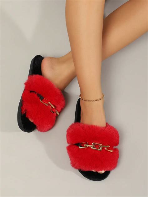 Women Chain Decor Fluffy Home Slippers Fashionable Indoor Bedroom Slippers Shein Usa