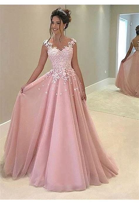 A Line Long Pink Lace Prom Dresses Party Evening Gowns