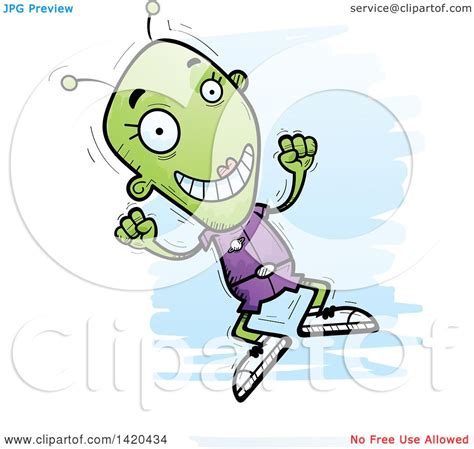 Clipart Of A Cartoon Doodled Happy Jumping Female Alien