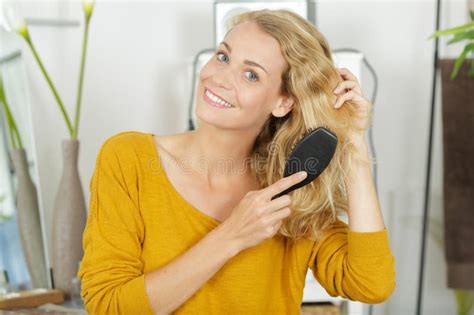 Happy Woman Combing Hair With Brush Stock Image Image Of Health