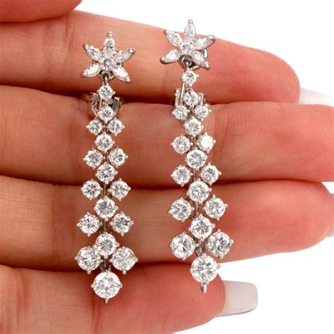 Long Diamond Platinum Floral Dangling Drop Earrings At 1stdibs
