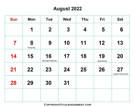 Free Printable August Calendar 2022 With Holidays