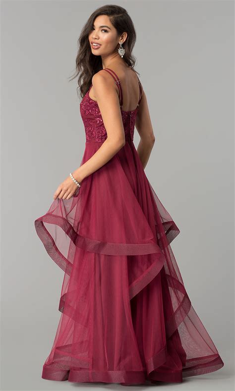 Long Wine Red Prom Dress With Tiered Ruffles Promgirl