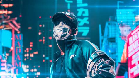 2560x1440 Hat Face Covered Mask Neon City 4k 1440p Resolution Hd 4k