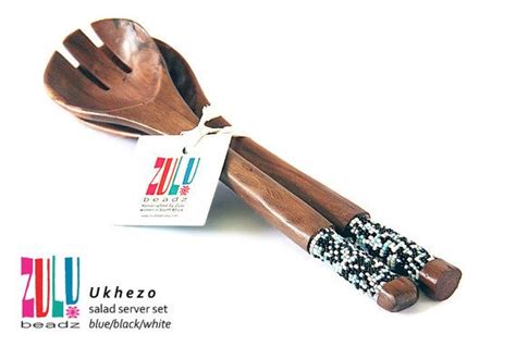 Ukhezo Beaded Wooden Salad Servers Blueblackwhite Etsy Salad