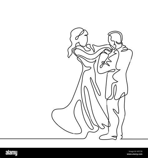 Continuous Line Drawing Loving Couple Bride And Groom On White Background Vector Illustration