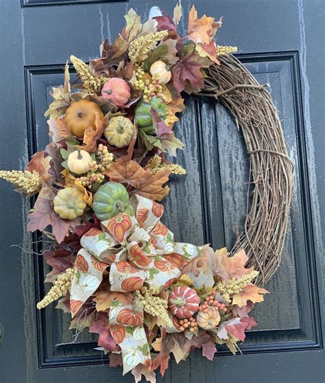 Large Oval Fall Wreath For Front Door With Artificial Pumpkins Etsy