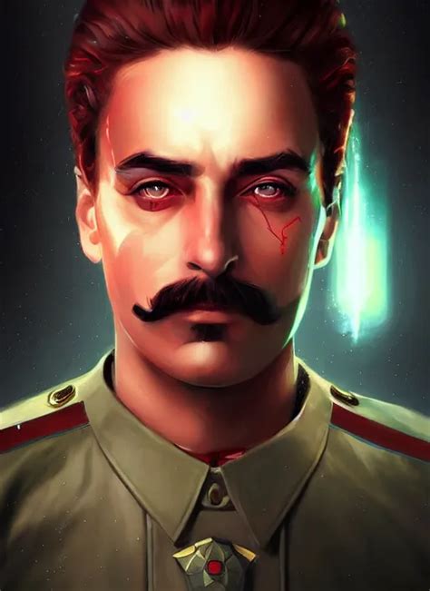 A Portrait O Cyberpunk Joseph Stalin Glowing Eyes Stable