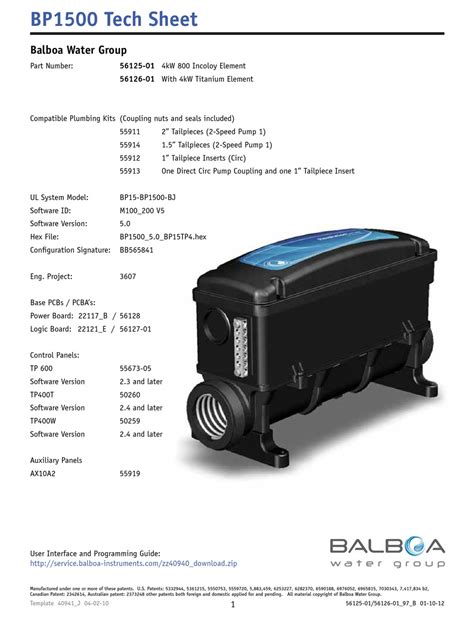 Balboa Water Group Bp1500 Tech Sheet Pdf Download Manualslib