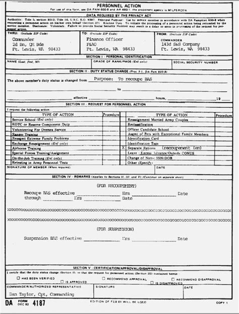 Da Form 4187 Jan 2000 Fillable Word Printable Forms Free Online