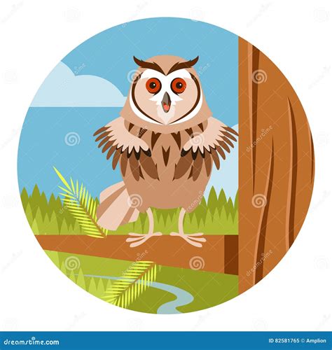 Happy Owl On The Tree Flat Background Stock Vector Illustration Of