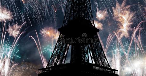 Celebratory Colorful Fireworks Over The Eiffel Tower In Paris France