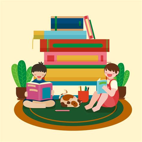 Big Isolated Cartoon Character Vector Illustration Of Cute Kids Reading