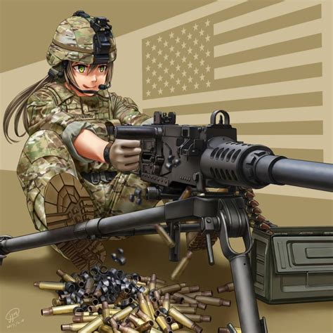 1girl Aiming Americanflag Ammobox Ammunitionbelt Boots Brownhair