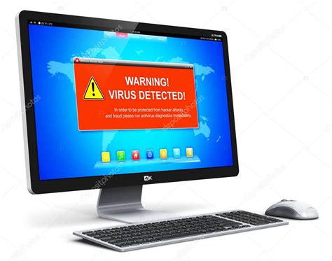 Desktop Computer Pc With Virus Attack Warning Message On Screen — Stock