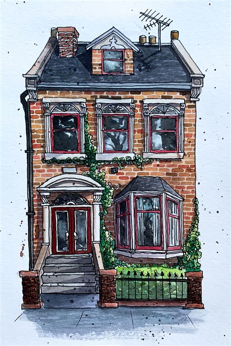 London Townhouse Watercolour And Ink Architecture Drawing Art