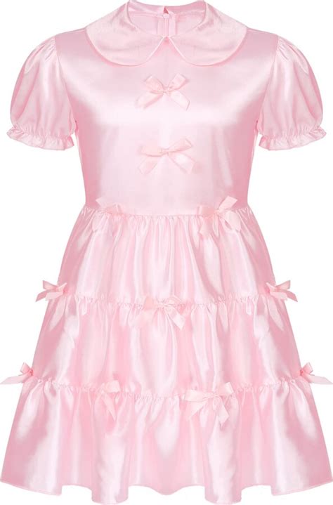 feeshow mens sissy shiny satin flutter french maid uniform dress crossdresser lingerie sets pink
