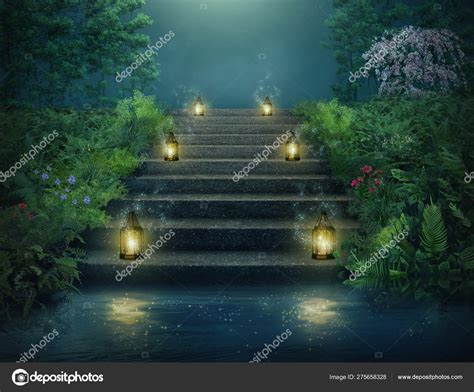 Fantasy Stairs With Lanterns In The River At Night Stock Photo By