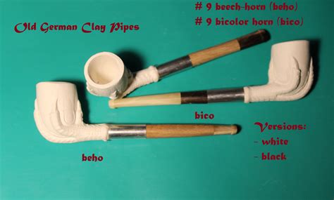 Set Of Six Clay Pipe 9 With Beech And Horn Stem Old German Clay Pipes