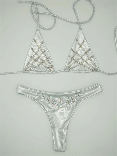 Buy 2018 Summer Diamond Silver Color Swimwear Sexy Women Bikini Set Rhinestone