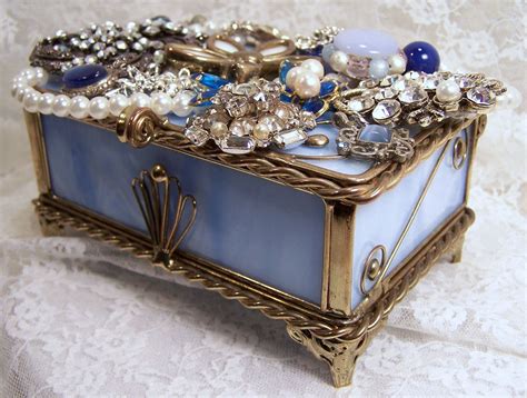 Blue Stained Glass Trinket Box Embellished With Vintage Jewelry Glass Trinket Box Glass