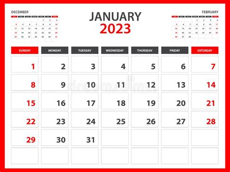 Modelo De Calendário Mensal Para 2023 Ano Janeiro De 2023 Ano Semana