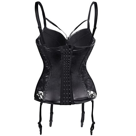 2021 Womens Sexy Steampunk Gothic Corset Black Faux Leather Foral Lace