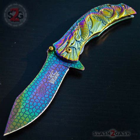 Dragon Titanium Rainbow Spring Assisted Knife 3d Engraved Scales Maste