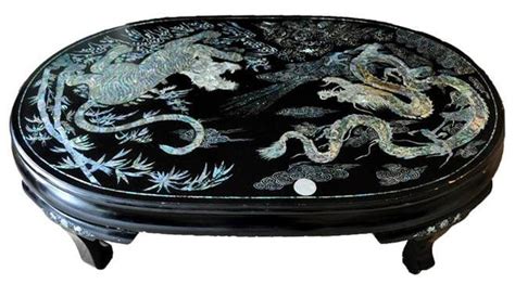 Vintage Korean Mother Of Pearl Inlay Lacquer Table With Tiger And