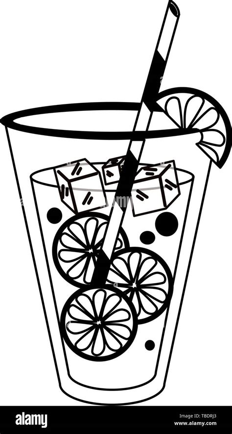 Lemonade Juice Glass With Straw Cartoon Isolated In Black And White